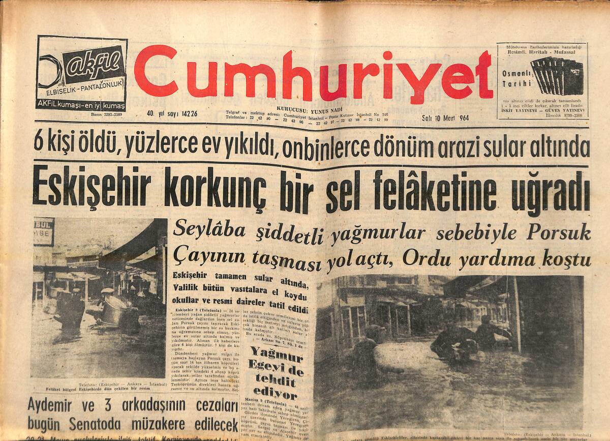 Cumhuriyet Gazetesi 10 Mart 1964 - Eskişehir Korkunç Bir Sel Felaketine Uğradı - Mandy Rice- Davies Dün Sınırdışı Edildi! GZ139065 - 1