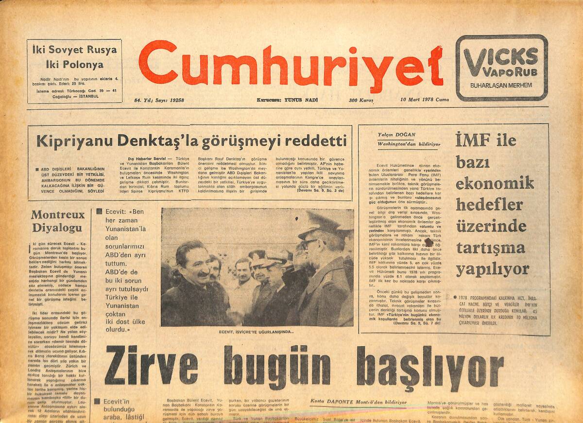 Cumhuriyet Gazetesi 10 Mart 1978 - Kipriyanu Denktaş'la Görüşmeyi Reddetti - 57 İlin Emniyet Müdür Değişti GZ143667 - 1