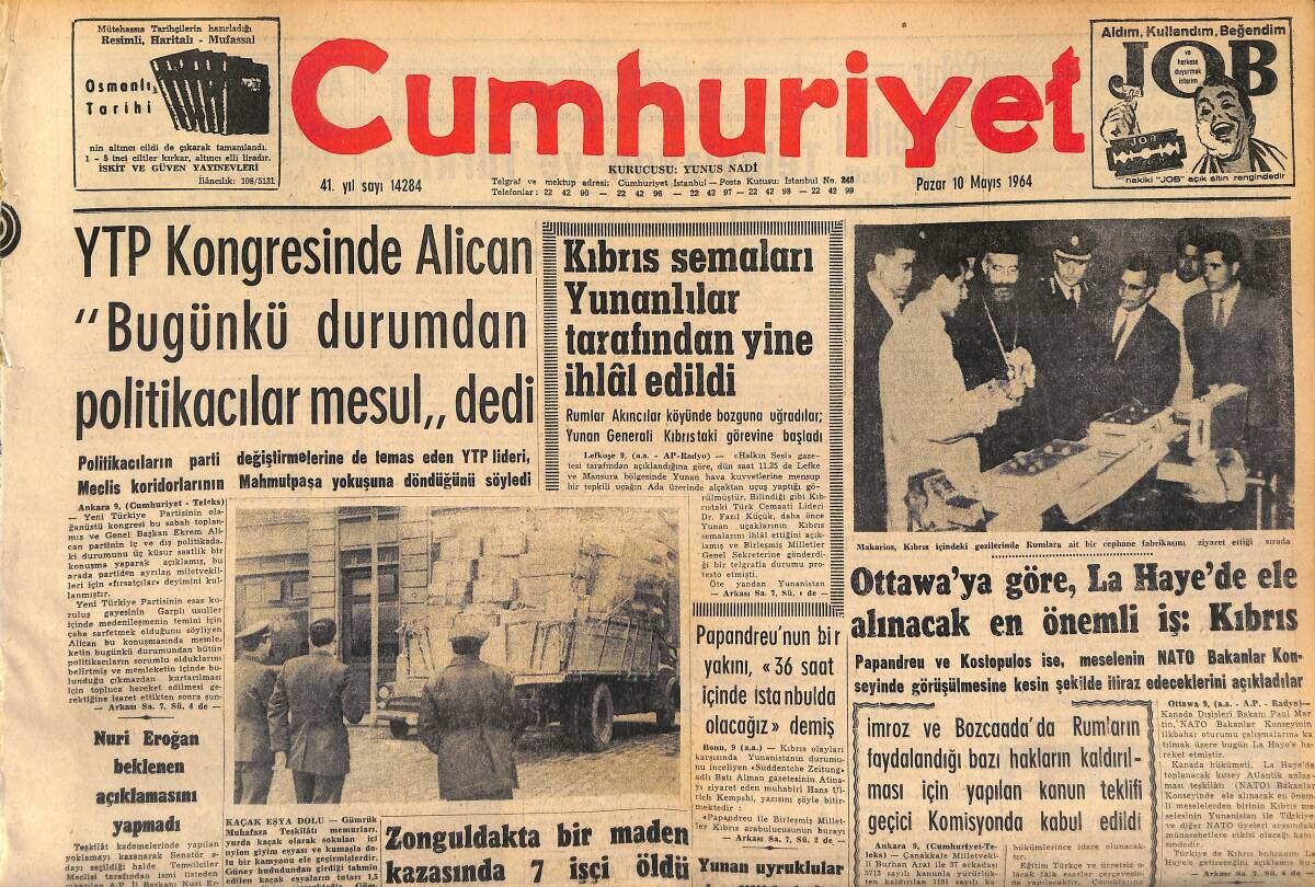 Cumhuriyet Gazetesi 10 Mayıs 1964 - Kıbrıs Semaları Yunanlılar Tarafından Yine İhlâl Edildi GZ160397 - 1