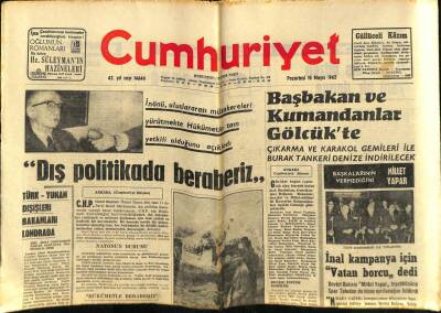 Cumhuriyet Gazetesi 10 Mayıs 1965 - Başbakan Ve Kumandanlar Gölcükte..Beşiktaş Varna İle 1-1 Berabere GZ59008 - 1
