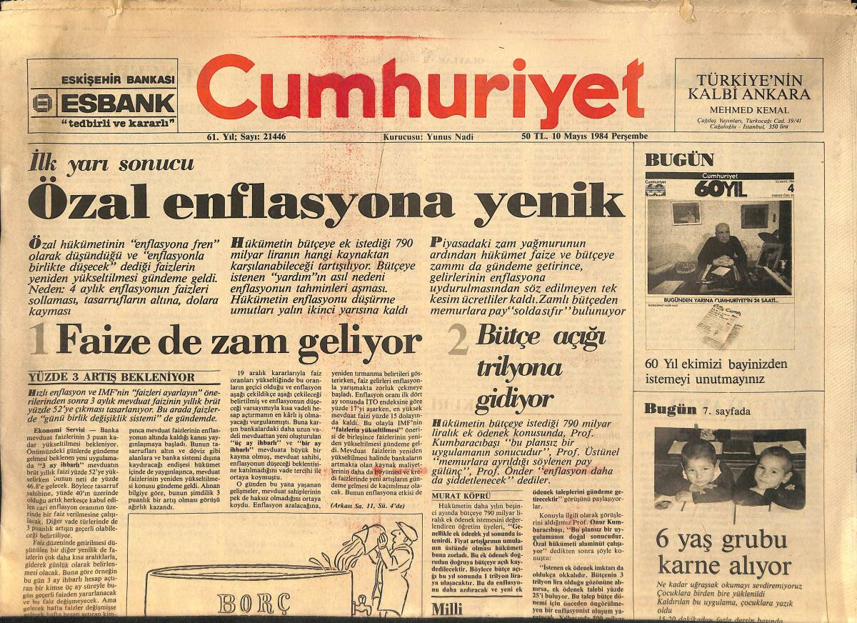 Cumhuriyet Gazetesi 10 Mayıs 1984 - Talat Paşa Üzerine Bir Biyografi Denemesi - Özal Enflasyona Yenik GZ155392 - 1