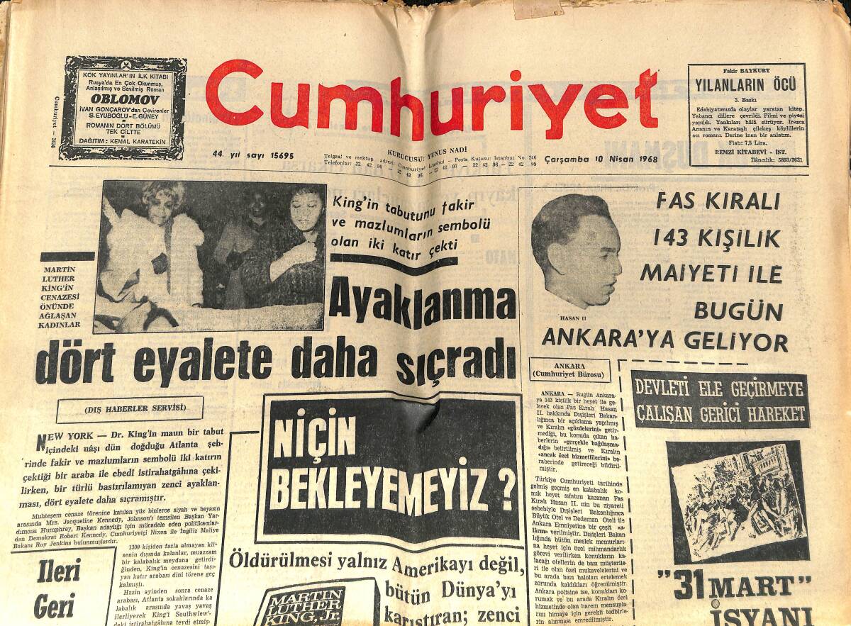 Cumhuriyet Gazetesi 10 Nisan 1968 - Ayaklanma Dört Eyalete Daha Sıçradı - Televizyon Ve Sinema: Düşmanlık Mı Ortaklık Mı? GZ146018 - 1