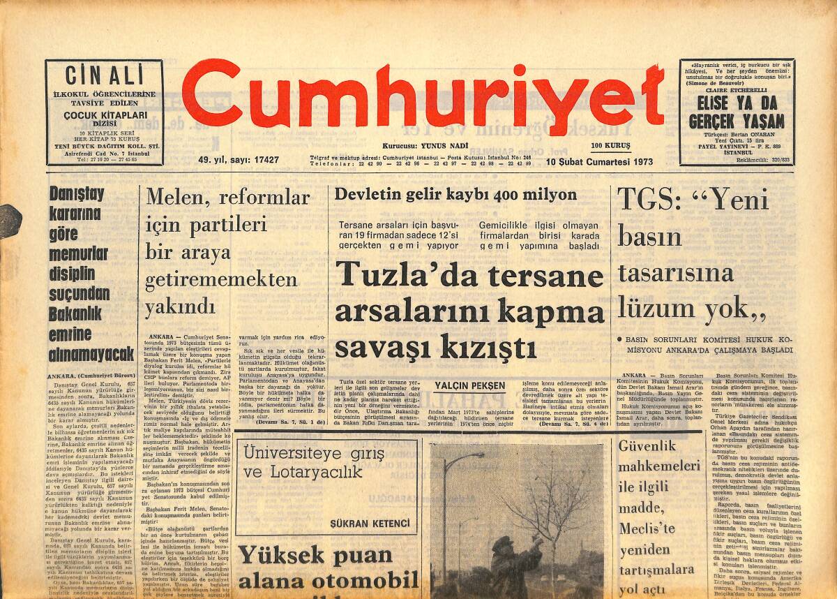 Cumhuriyet Gazetesi 10 Şubat 1973 - Tuzla'da Tersane Arsalarını Kapma Savaşı Kızıştı - Türkiye'de Sıtma Kalıntıları GZ143775 - 1