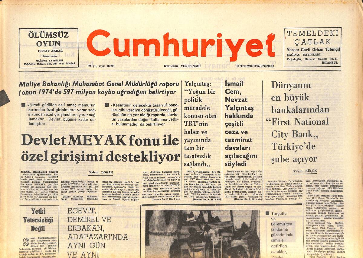 Cumhuriyet Gazetesi 10 Temmuz 1975 - Devlet MEYAK Fonu İle Özel Girişimi Destekliyor - Gitarist Alirio Diaz'ı Bugün Dinliyoruz! GZ143812 - 1