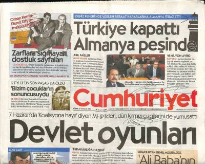 Cumhuriyet Gazetesi 10 Temmuz 2015 - Deniz Fenerinde Verilen Beraat Kararlarına Almanya İtiraz Etti - Orhan Kemal Fikret Otyam Mektuplaşmaları GZ94474 - 1