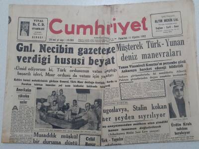 Cumhuriyet Gazetesi - 11 Ağustos 1952 - Müşterek Türk Yunan Deniz Manevraları GZ112878 - 1