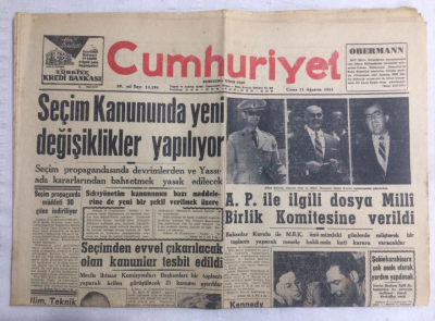 Cumhuriyet Gazetesi 11 Ağustos 1961 - Seçim Kanununda Yeni Değişiklikler Yapılıyor - GZ19072 - 1