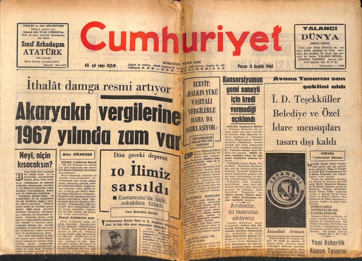 Cumhuriyet Gazetesi 11 Aralık 1966 - Akaryakıt Vergilerine 1967 Yılında Zam Var - Başbakan Demirel Halkevlerini Övdü GZ139051 - 1