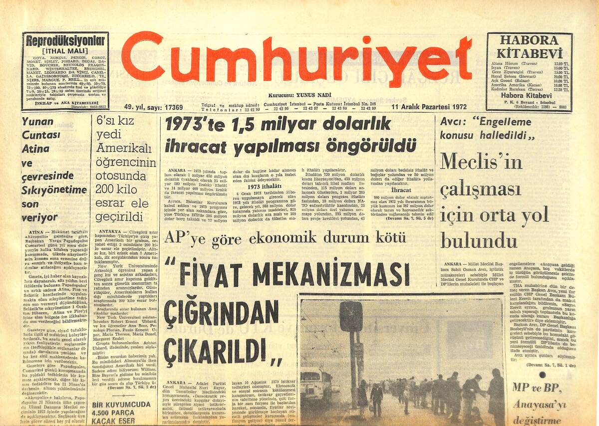 Cumhuriyet Gazetesi 11 Aralık 1972 - Fiyat Mekanizması Çığrından Çıkarıldı - THK Ordusuna Mensup 28 Kişi Yakalandı GZ142643 - 1