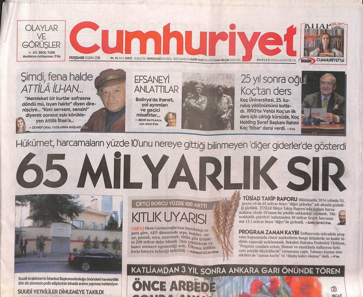 Cumhuriyet Gazetesi 11 Ekim 2018 - 65 Milyarlık Sır - Mudanya Antlaşması - Karaburun'da Göçmen Faciası: 8 Ölü GZ135367 - 1