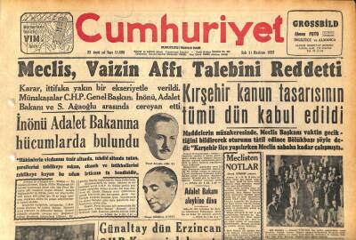 Cumhuriyet Gazetesi 11 Haziran 1957 - Kırşehir Kanun Tasarısının Tümü Dün Kabul Edildi GZ119869 - 1