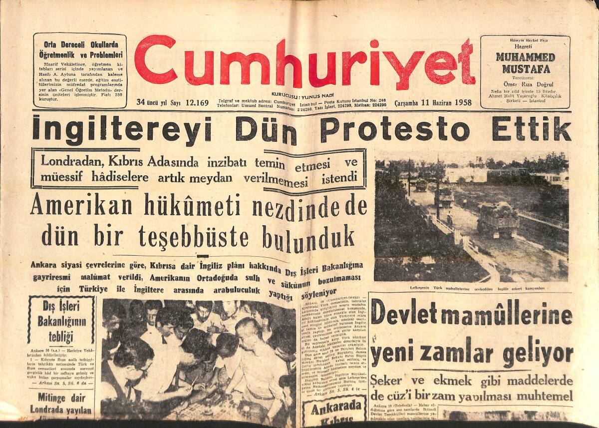 Cumhuriyet Gazetesi 11 Haziran 1958 - Kıbrıs Türkleri Açlık Tehlikesi Karşısında - Belediye Meclisinde İstimlak Hareketleri Tenkid Edildi! GZ139208 - 1