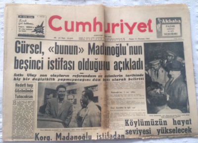 Cumhuriyet Gazetesi 11 Haziran 1961 - Gürsel, Bunun Madanoğlunun Beşinci İstifası Olduğunu Açıkladı - GZ19404 - 1