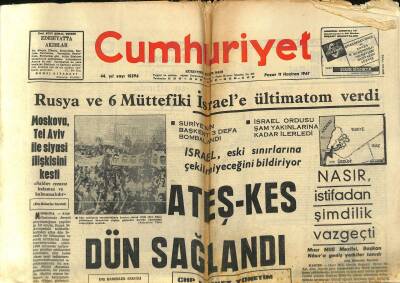 Cumhuriyet Gazetesi 11 Haziran 1967 - Nasır İstifadan Şimdilik Vazgeçti - Spencer Tracy Kalbden Öldü GZ121919 - 1
