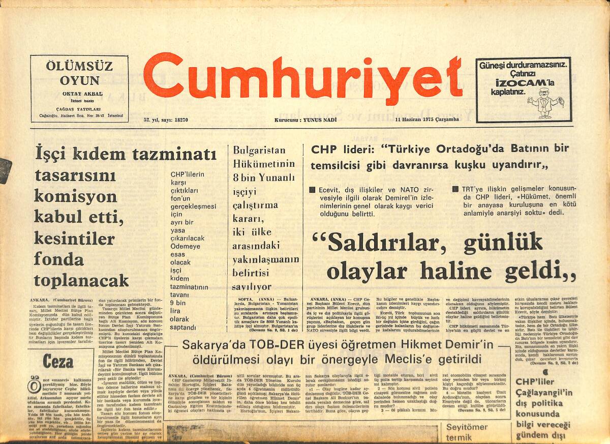 Cumhuriyet Gazetesi 11 Haziran 1975 - Rauf Denktaş: Kıbrıs'ın Bağımsızlığı Daha Hala Tehlike Altındadır! GZ143554 - 1