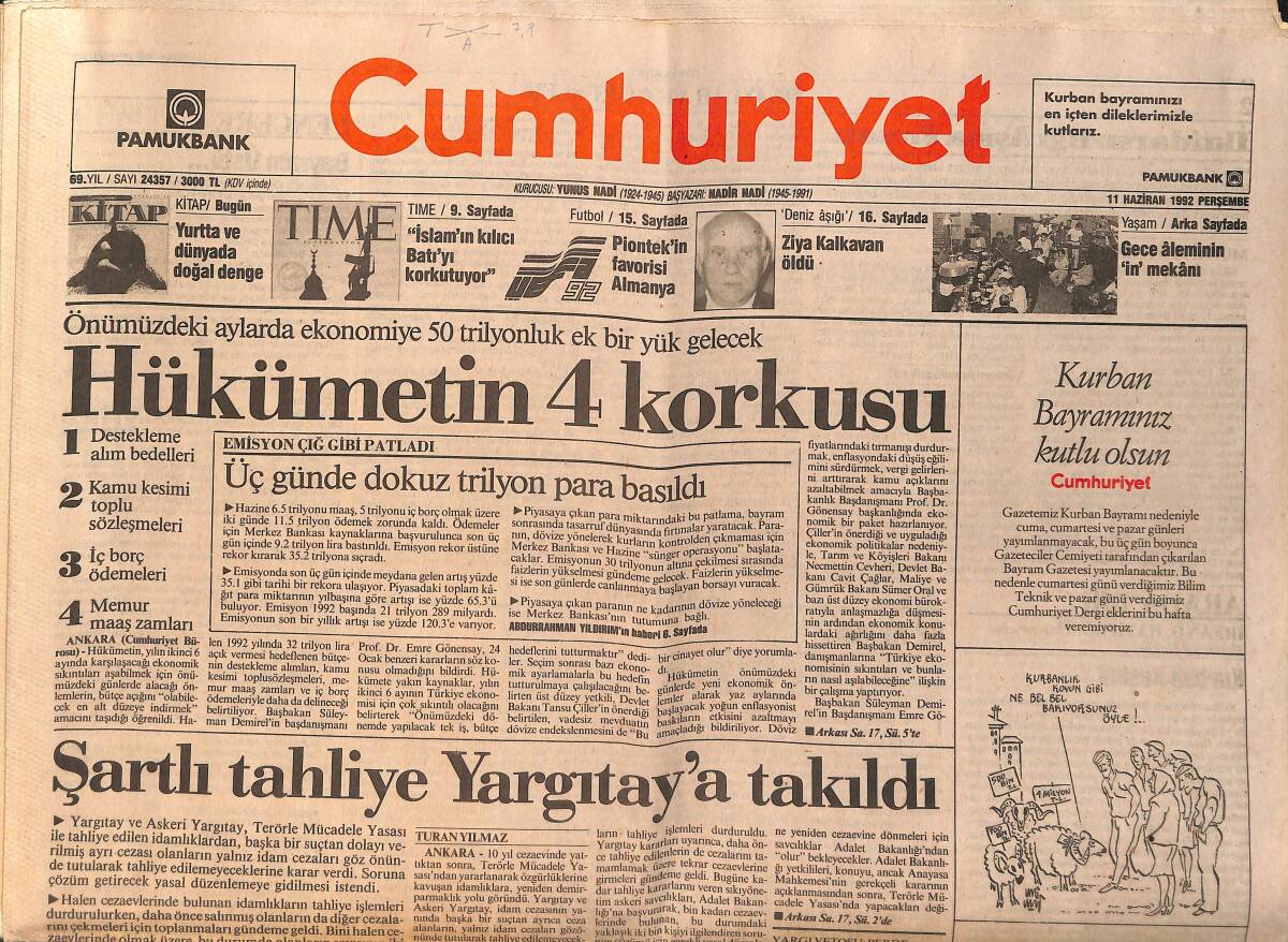 Cumhuriyet Gazetesi 11 Haziran 1992 - Madonna Bayram Ekranında - Hükümetin 4 Korkusu GZ157207 - 1