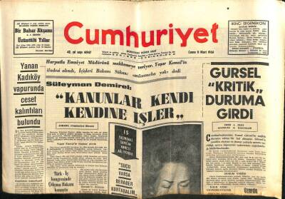 Cumhuriyet Gazetesi 11 Mart 1966 - Demirel Kanunlar Kendi Kendine İşler GZ103068 - 1