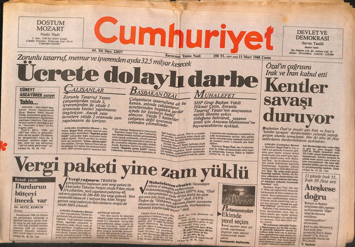 Cumhuriyet Gazetesi 11 Mart 1988 - ABD'nin Milli Sınırları Orta Avrupa'da - Avrupa'da Vahşi Batı - Galatasaraylılar: Fenerbahçe'yi Yenemezsek Ölelim GZ139776 - 1