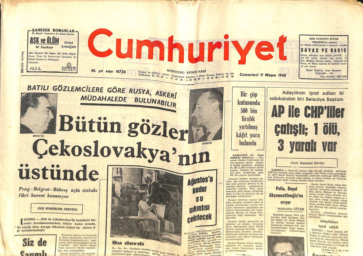 Cumhuriyet Gazetesi 11 Mayıs 1968 - Bütün Gözler Çekoslovakya'nın Üstünde - Claudia Cardinale 