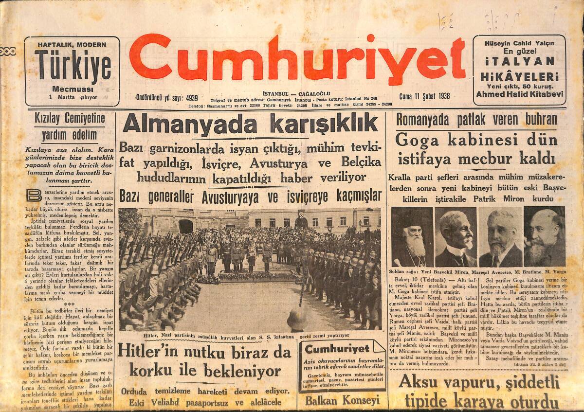 Cumhuriyet Gazetesi 11 Şubat 1938 - Almanya'da Karışıklık - Hitler'in Nutku Biraz Da Korku İle Bekleniyor - Goga Kabinesi İstifaya Mecbur Kaldı GZ146598 - 1