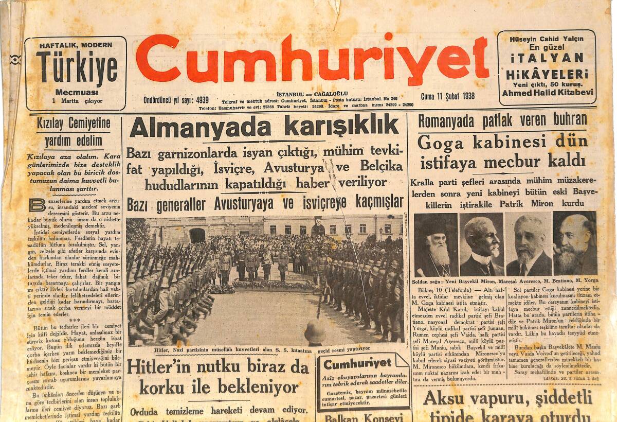 Cumhuriyet Gazetesi 11 Şubat 1938 - Hitler'in Nutku Biraz Da Korku İle Bekleniyor - Aksu Vapuru Şiddetli Tipide Karaya Oturdu GZ146603 - 1