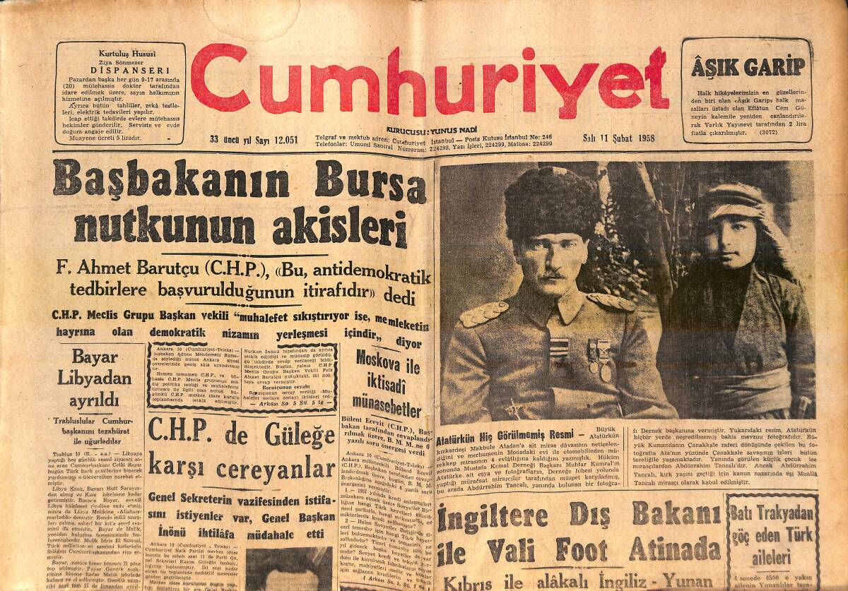 Cumhuriyet Gazetesi 11 Şubat 1958 - İngiltere Dış Bakanı İle Vali Foot Atina' da - Başbakanın Bursa Nutkunun Akisleri! GZ139234 - 1