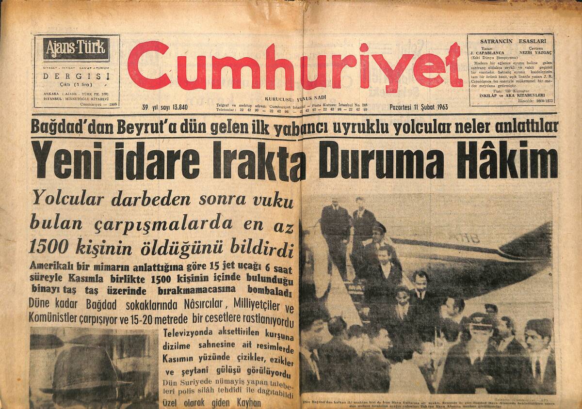 Cumhuriyet Gazetesi 11 Şubat 1963 - Yeni İdare Irak'ta Duruma Hakim - Arap Milliyetçiliği Ve Iraktaki İhtilal GZ140104 - 1