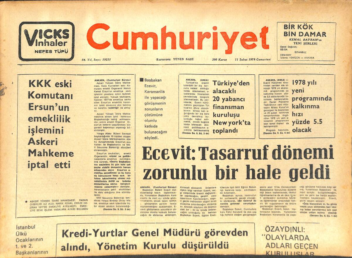 Cumhuriyet Gazetesi 11 Şubat 1978 - KKK Eski Komutanı Ersun'un Emeklilik İşlemini Askeri Mahkeme İptal Etti GZ142687 - 1