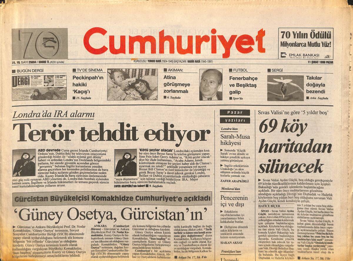 Cumhuriyet Gazetesi 11 Şubat 1996 - Londra'da IRA Alarmı - Güney Osetya , Gürcistan'ın GZ147988 - 1