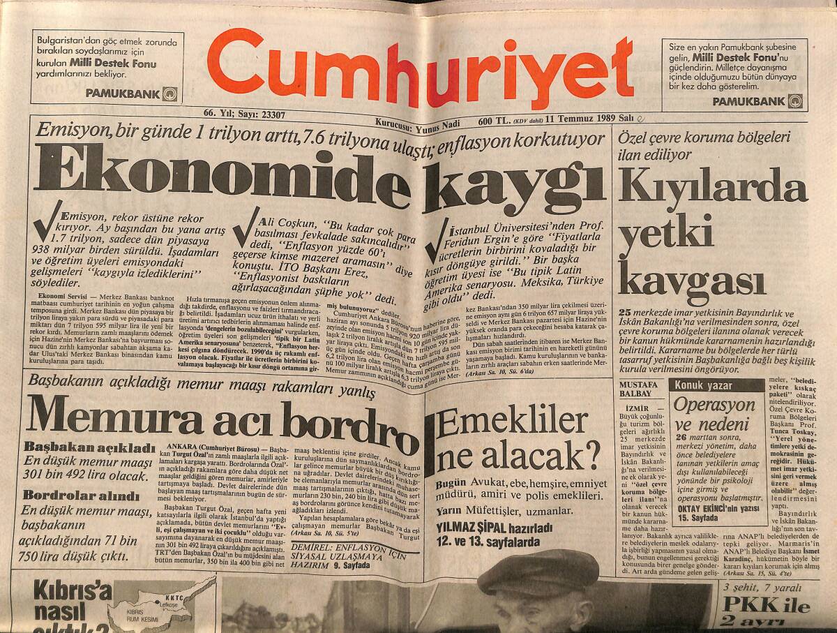 Cumhuriyet Gazetesi 11 Temmuz 1989 - Yaşar Kemal , Türkiye'den Tek Özel Konuk - TRT'de Görevden Almalar GZ151892 - 1