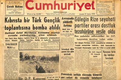 Cumhuriyet Gazetesi 12 Ağustos 1959 - İstanbul Dün Susuz Bir Gün Geçirdi - Kıbrısta Bir Türk Gençlik Toplantısına Bomba Atıldı GZ120299 - 1