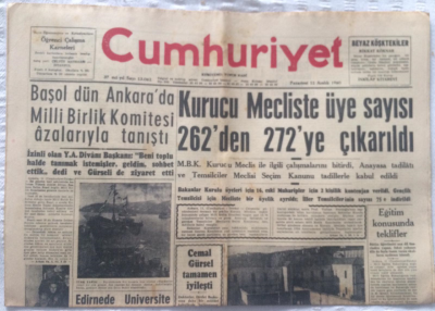 Cumhuriyet Gazetesi 12 Aralık 1960 - Kurucu Mecliste Üye Sayısı 262den 272ye Çıkarıldı - GZ19356 - 1