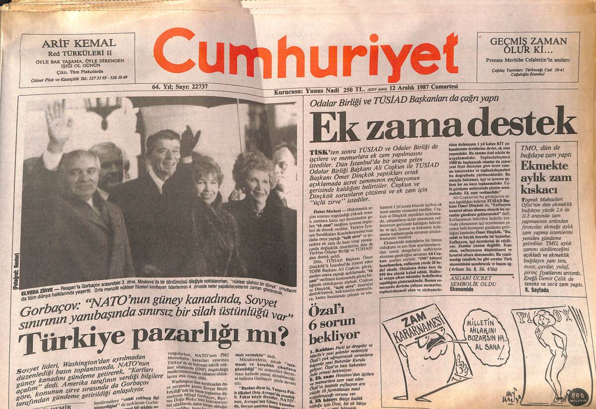 Cumhuriyet Gazetesi 12 Aralık 1987 - Adile Naşit Öldü - Özal'ı Altı Sorun Bekliyor - Garbaçov'un Çağrısı Nedir? GZ140029 - 1