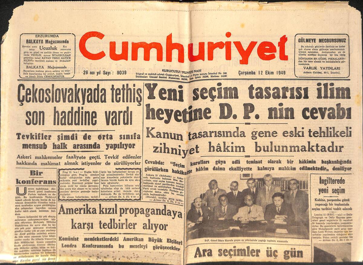 Cumhuriyet Gazetesi 12 Ekim 1949 - Amerika'da Kızıl Propagandaya Karşı Tedbirler Alıyor - Doğu Almanya'daki Kukla Hükümet GZ146725 - 1