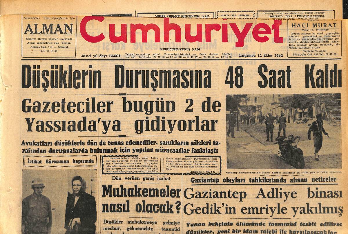 Cumhuriyet Gazetesi 12 Ekim 1960 - Yassıada Resimlerinin Dünkü Müzayedesi - Düşüklerin Duruşmasına 48 Saat Kaldı GZ152554 - 1