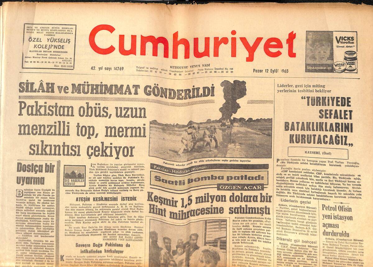 Cumhuriyet Gazetesi 12 Eylül 1965 - Pakistan Obüs, Uzun Menzilli Top, Mermi Sıkıntısı Çekiyor! - Türkiye'de Sefalet Bataklıklarını Kurutacağız! GZ139945 - 1
