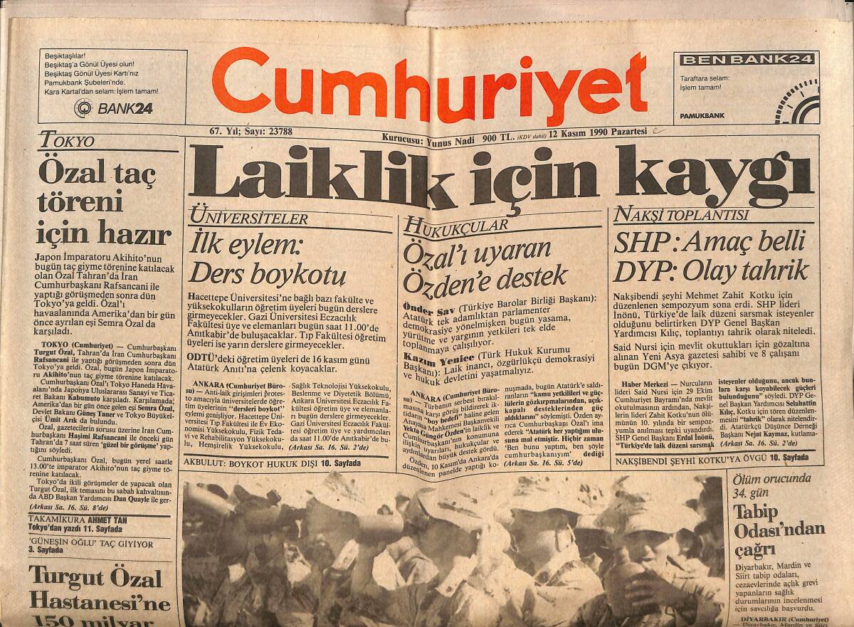 Cumhuriyet Gazetesi 12 Kasım 1990 - Ord. Prof. Sadi Irmak Öldü - Çin Körfez'de ABD'yi Üzüyor GZ151945 - 1