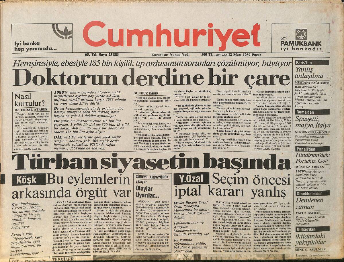 Cumhuriyet Gazetesi 12 Mart 1989 - Türban Siyasetin Başında - Türbancılar İmza Kuyruğunda GZ3399 - 1