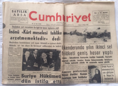 Cumhuriyet Gazetesi 12 Mayıs 1963 - İnönü Kürt Meselesi Tehlike Arzetmemektedir Dedi - GZ19427 - 1