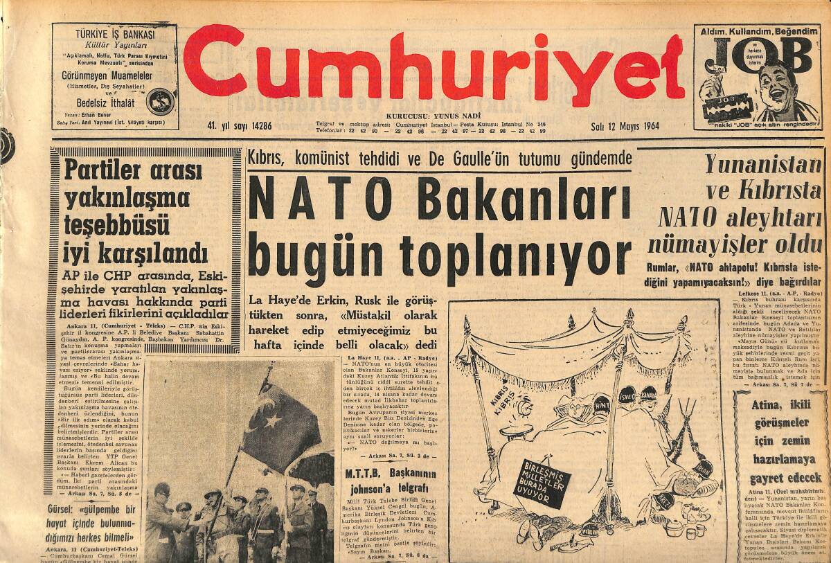 Cumhuriyet Gazetesi 12 Mayıs 1964 - NATO Bakanları Bugün Toplanıyor - M.T.T.B. Başkanının Johnson'a Telgrafı GZ160399 - 1