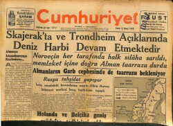 Cumhuriyet Gazetesi 12 Nisan 1940 - Skajerakta Ve Trondheim Açıklarında Deniz Harbi Devam Etmektedir GZ100959 - 1