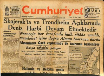 Cumhuriyet Gazetesi 12 Nisan 1940 - Skajerakta Ve Trondheim Açıklarında Deniz Harbi Devam Etmektedir GZ100959 - 1