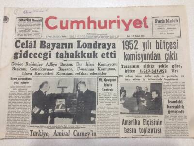 Cumhuriyet Gazetesi 12 Şubat 1952 - 1952 Bütçesi Çıktı GZ52764 - 1