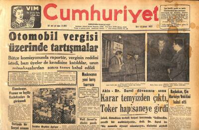 Cumhuriyet Gazetesi 12 Şubat 1957 - Üsküdar Meydanı Açılıyor - Otomobil Vergisi Üzerinde Tartışmalar GZ120248 - 1