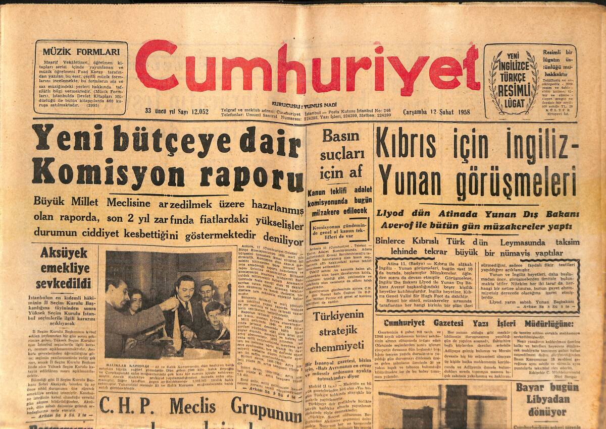 Cumhuriyet Gazetesi 12 Şubat 1958 - Hür.P.'nin Yeni Faaliyet Programı - CHP Meclis Grubu'nun Avanslara Dair Kararı! GZ139235 - 1