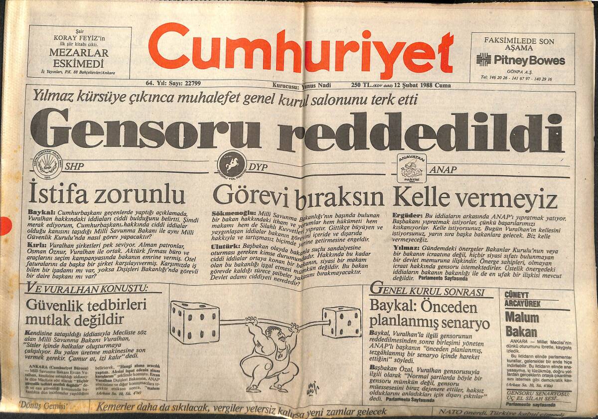 Cumhuriyet Gazetesi 12 Şubat 1988 - Enflasyona Sıkı Denetim - TRT'NİN Kanser Haberi Şaşırttı! GZ139894 - 1