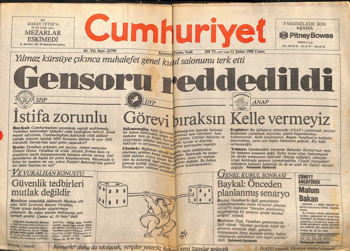 Cumhuriyet Gazetesi 12 Şubat 1988 - Gensoru Reddedildi - Nükleer Pazarlıkta İlk Raunt - Baykal: Önceden Planlanmış Senaryo! GZ139892 - 1