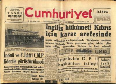 Cumhuriyet Gazetesi 12 Temmuz 1957 - İngiliz Hükümeti Kıbrıs İçin Karar Arefesinde GZ87220 - 1
