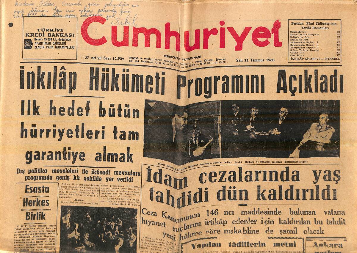 Cumhuriyet Gazetesi 12 Temmuz 1960 - İnkılap Hükümeti Programını Açıkladı - İdam Cezalarında Yaş Tahdidi Kaldırıldı -İstanbul Yelken Şampiyonası Bitti GZ139121 - 1