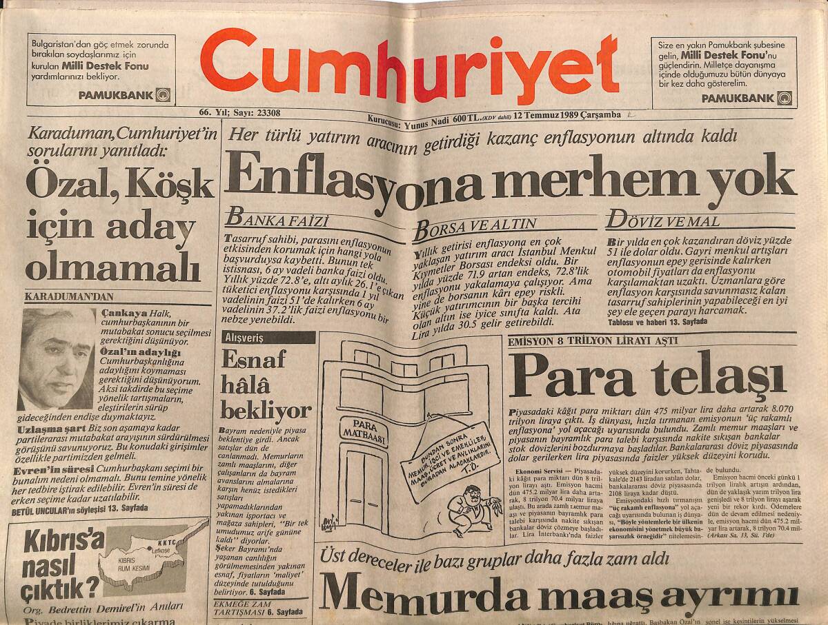 Cumhuriyet Gazetesi 12 Temmuz 1989 - Sir Laurence Olivier Öldü - Özal , Köşk İçin Aday Olmamalı GZ151888 - 1